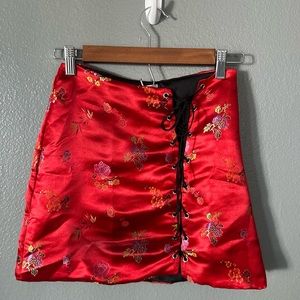 Omighty Red Floral Lace Up Mini Skirt Size S